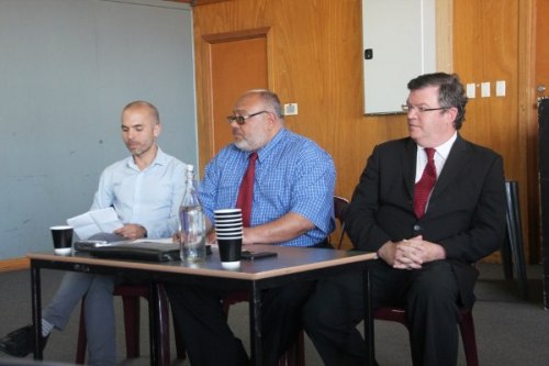  L to R: Jaime de Loma-Osorio (Greens), Mohamed Hassan (Voice of the West), Frank Maguire MP (ALP)