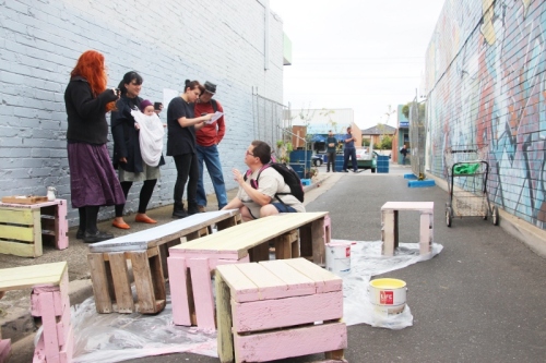 Cr Lenka Thompson joined us and helped painting some recycled  pallet bench seats