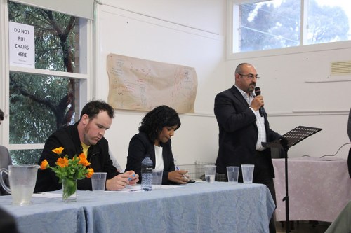 Fawkner candidates meeting for Wills2016: Zane Alcorn, Samantha Ratnam and Peter Khalil
