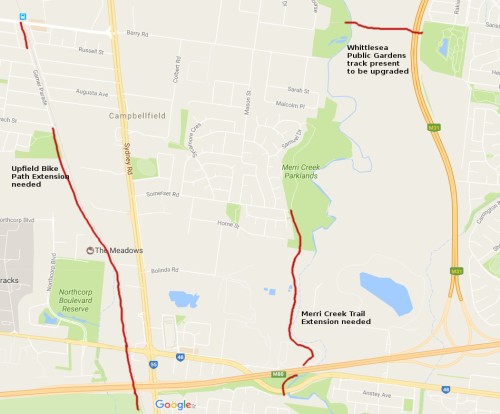 Map of missing link bike paths to get to Merri Creek Park